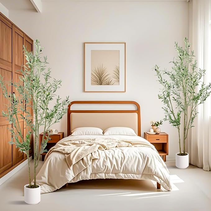 Artificial Fake Olive Tree 6FT Tall 2Pack with White Planter Faux Silk Olive Tree for Home Living Room Office Decor Faux Artificial Plants Indoor with Fruit & Free Moss