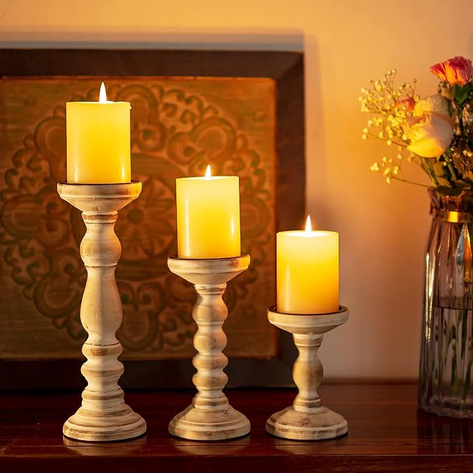 Wooden Pillar Candle Holder: Rustic White Candle Stand Wood Distressed Candleholders Farmhouse Fall Decor for Christmas Fireplace Mantle Dining Table Living Room Shelf Set of 3