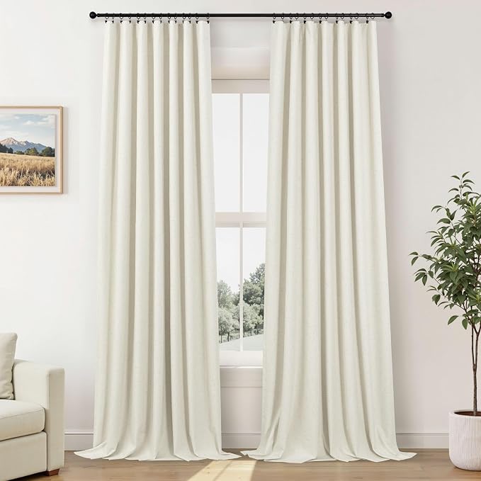 Pitalk Cold Weather Thermal Curtains Farm House Boho Black Out Room Darkening Insulated Linen Blackout Winter Curtain 102 Inch Long for Living Room Bedroom 2 Panels Set Off White Cream 42 x 102 Length