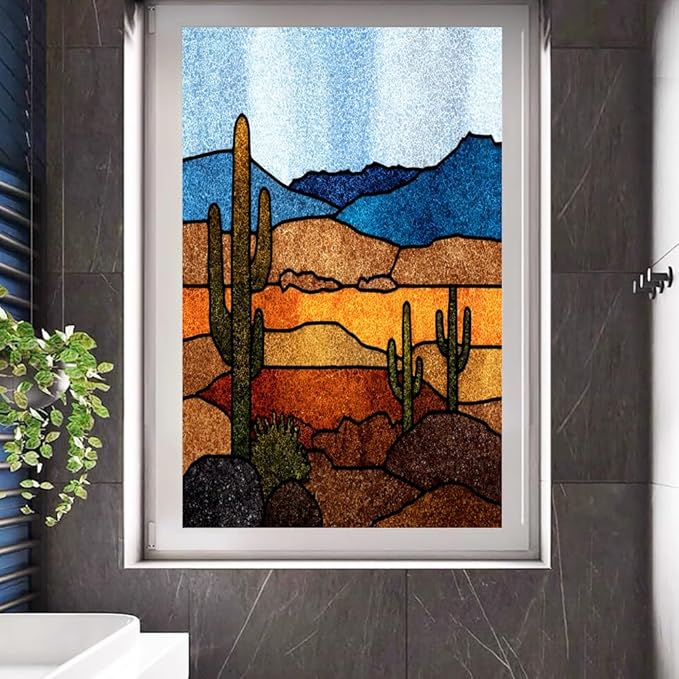 Abstract Desert Frosted Window Film, Colorful Cactus Texture Landscape Stained Glass Privacy Film, Heat Insulation Self-Adhesive Vinyl for Bathroom Office, 19.7Wx39.4L inch