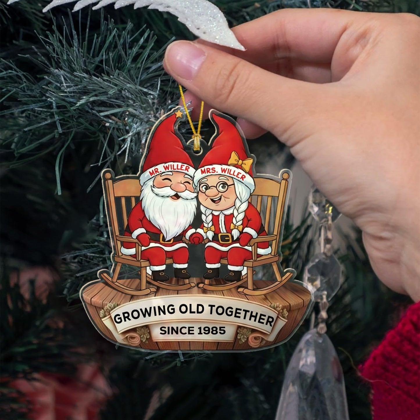 Customized Old Couple Gnome Sitting On Rocking Chairs Growing Old Together Christmas Ornament 2025, Personalized Text Shaped Xmas Ornament Gift for Mr Mrs Dad Mom/Grandparents, Anniversary Ornaments