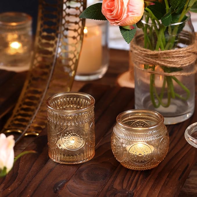 DARJEN 24Pcs Gold Votive Candle Holders - Glass Candle Holder Bulk for Table Centerpiece, Tea Lights Candle Holders for Home, Christmas Party & Wedding Shower