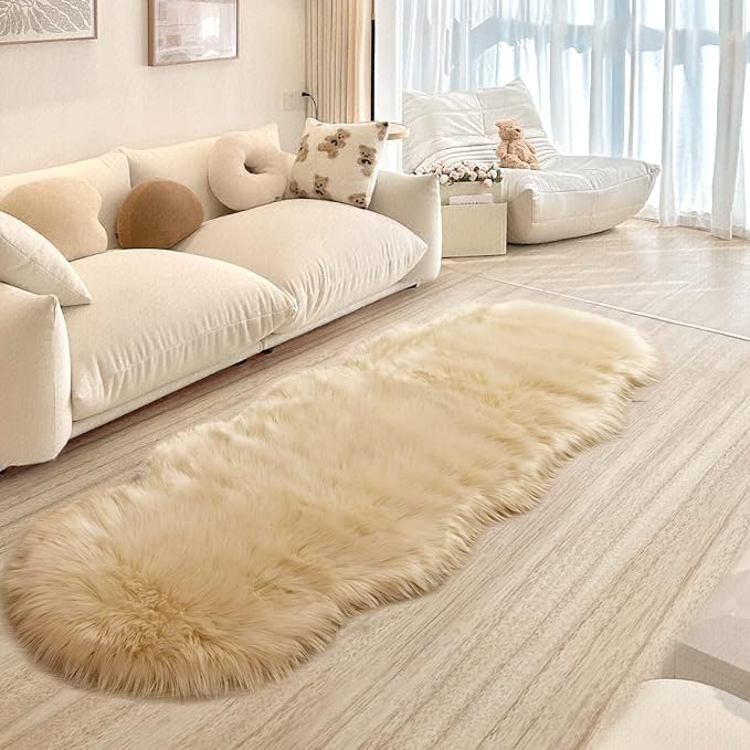 SERISSA Ultra Soft Fluffy Rug Beige Faux Sheepskin Fur Area Rug Shaggy Couch Cover Seat Cushion Furry Carpet Beside Rugs for Bedroom Floor Sofa Living Room Runner 2x6 Feet Beige