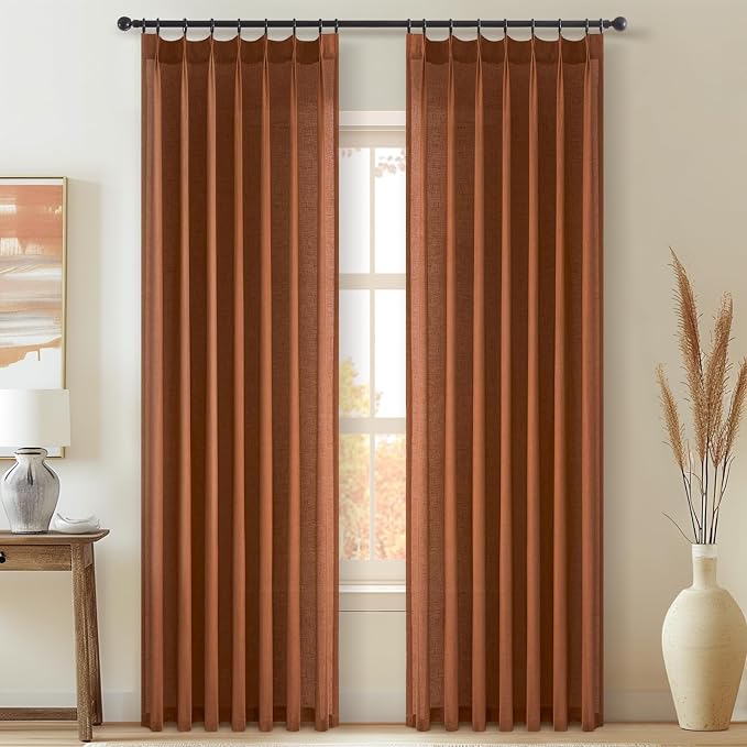 Topfinel Terracotta Pinch Pleated Sheer Curtains Panels for Bedroom,Fall Textured Linen Blended Light Filtering Window Curtains 84 inch for Living Room,Pinch Pleat Drapes with Hooks 2 Panels 40"x84"