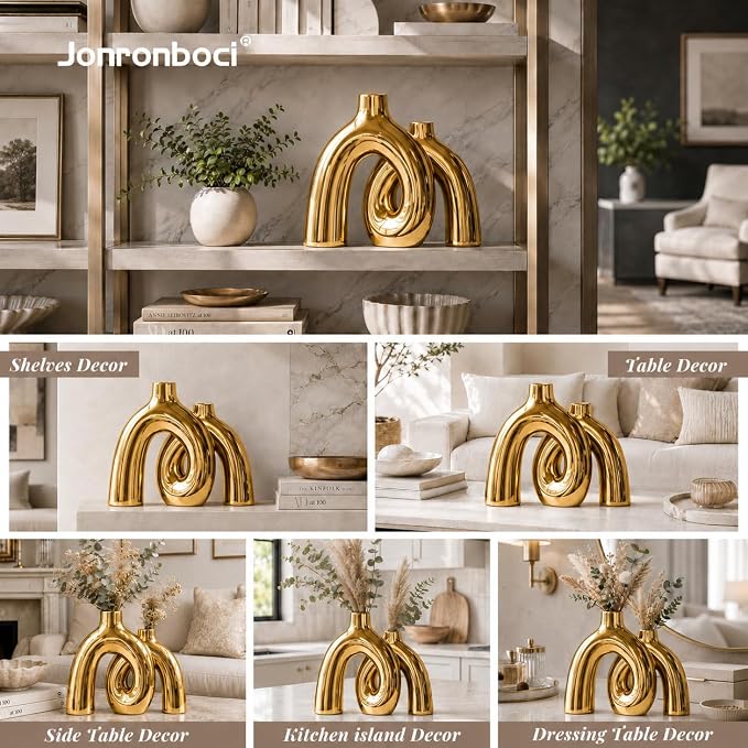 Hug Donut Decorative Vase Set - Golden Modern Classic Transitional Style Vases Home Decor, Matte Ceramic Decorations for Living Room Shelf, Bookshelf Mantle Entryway Table or Console Décor (Gold)