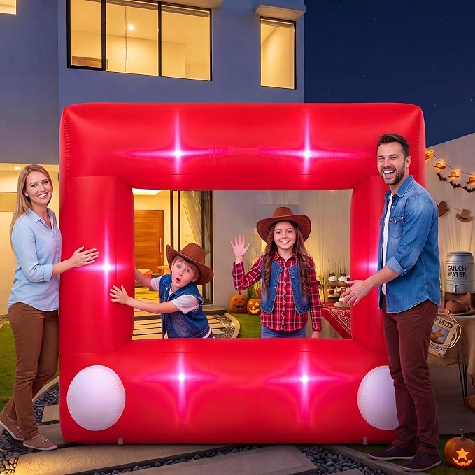 Soulchen 6 x 5 ft Inflatable Cartoon Story Photo Frame Decor with Built in LEDs Lighted and Air Blower, Large Red Blow up Giant Picture Frame for Birthday Photo Props
