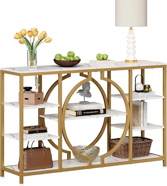 GiftGo 47" Industrial Console Tables for Entryway Rustic Sofa Table Behind Couch 4 Tier Wooden Shelves Entry Table with Storage for Foyer, Hallway, Front Door,Living Room (White Gold, 47")