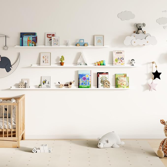 Fun Memories Picture Ledge Shelf, 40 Inch Floating Shelves Set of 2, Large Nursery Book Shelves for Toys Storage, Kids Bookshelf Wall Mounted for Wall Decor Books Photo Frames, White
