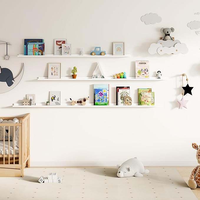 Floating Picture Ledge Shelves for Wall Set of 2, 95 Inches Picture Ledge Shelf with Long Large Nursery Book Shelf for Toys Storage Kids Bookshelf Wall Mounted Living Room Bedroom Decor Frames, White