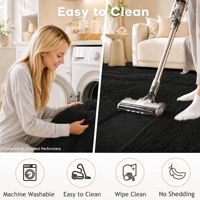 Ophanie Runner Rug for Hallway,2.5x12 Washable Non-Slip Fluffy Soft Bedside Rugs,Bedroom Living Room Shaggy Carpet for Kids Girls Boys Dorm Nursery Decor Aesthetic,Black with Over 99 pcs Pile fibers