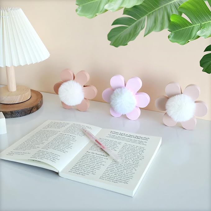 3 Pack Daisy Nursery Shelf Decor, Wooden Spring Flower with Pompom Pistil Boho Baby Girl Nursery Room Decoration Bohemian Cute Wall Art for Bedroom Kindergarten Classroom Playroom Bookshelf Gift