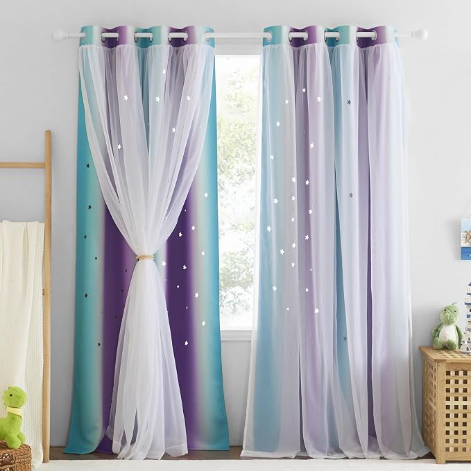 NICETOWN Blackout Curtains 90 Inches Long - White Sheer Overlay Thermal Insulated Curtains for Living Room, Ombre Rainbow Curtains for Bedroom (W52 x L90 inch, Teal & Purple, 1 Pair)