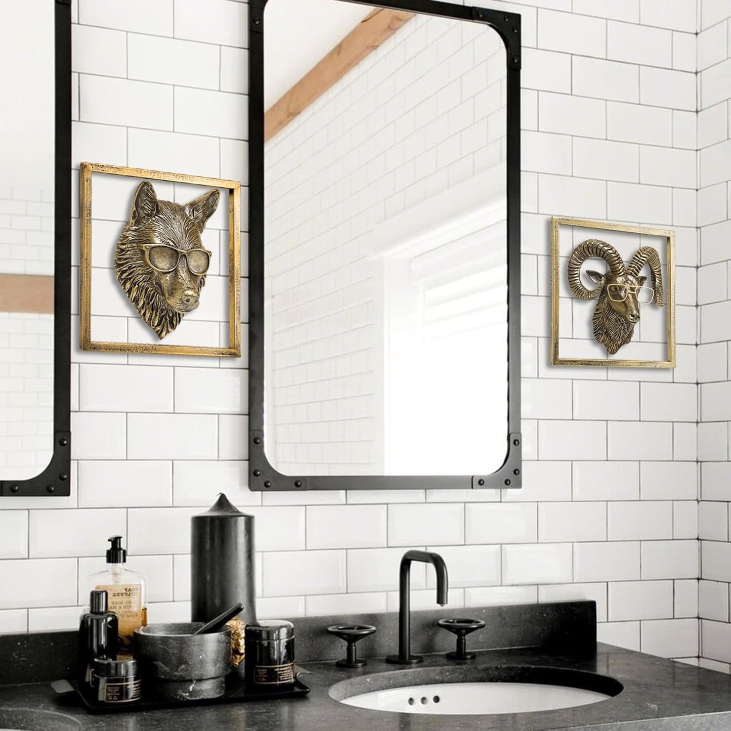 JJALIGHTS Animal Heads Wall Decor (Includes Metal Frame) Resin Animals Sculptures Head Wall Hanging Decoration Imitation Copper vintage Wall Sculpture for Living Room Bedroom Office (Wolf)