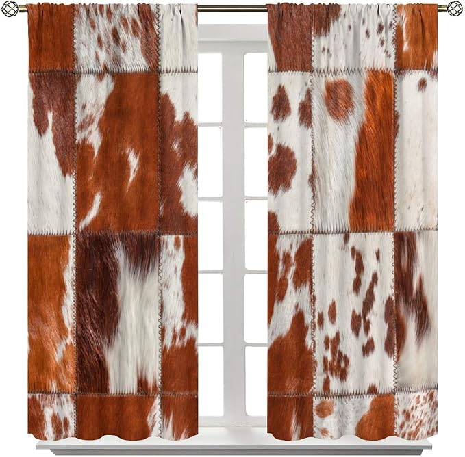 Cowhide Blackout Curtain, Rustic Farmhouse Animal Spotted Brown Cow Texture Print Curtains Rod Pocket Window Treatments 2 Panels Drapes for Living Room Bedroom Cafe Office Decor 63" W X 63" L