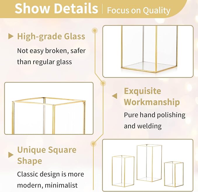 Nuptio Glass Hurricane Candle Holder Set of 6 Gold Pillar Candle Holders Large Rectangular Candleholder Table Centerpieces Decoration for Wedding Party Thanksgiving Ornaments 9.5 & 8.1 & 6.5 inch | Large Rectangular Candleholder Table Centerpieces Deco...