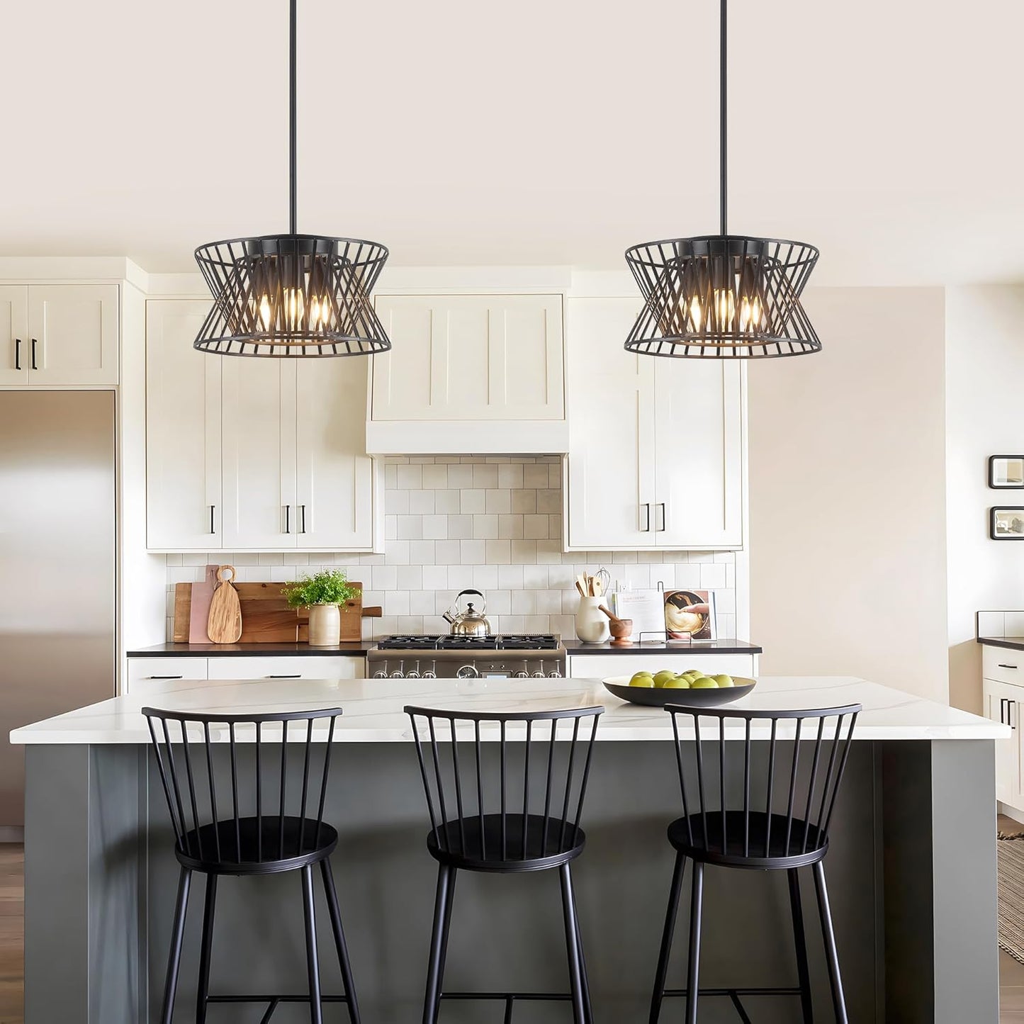 3-Lights Black Pendant Light Vintage Geometric Chandelier Light Fixture Adjustable Metal Lighting Fixtures for Kitchen Room Dining Room Foyer