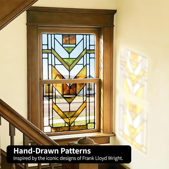 Faux Stained Glass Effect Transparent Window Film, Decorative Window Cling Static Cling Inspired by Frank Lloyd Wright, 22.83" x35.43" Martin House, Boho