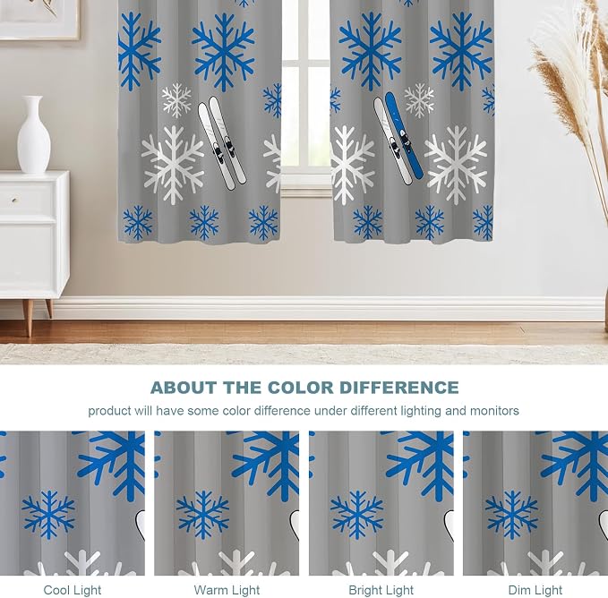 Shrahala Snowflakes Skis Blackout Window Curtains, Winter Sports Themed Pattern Thermal Insulated Curtains Grommet Long Drapes for Bedroom,Living Room (2 Panels, 52 X 63 in)