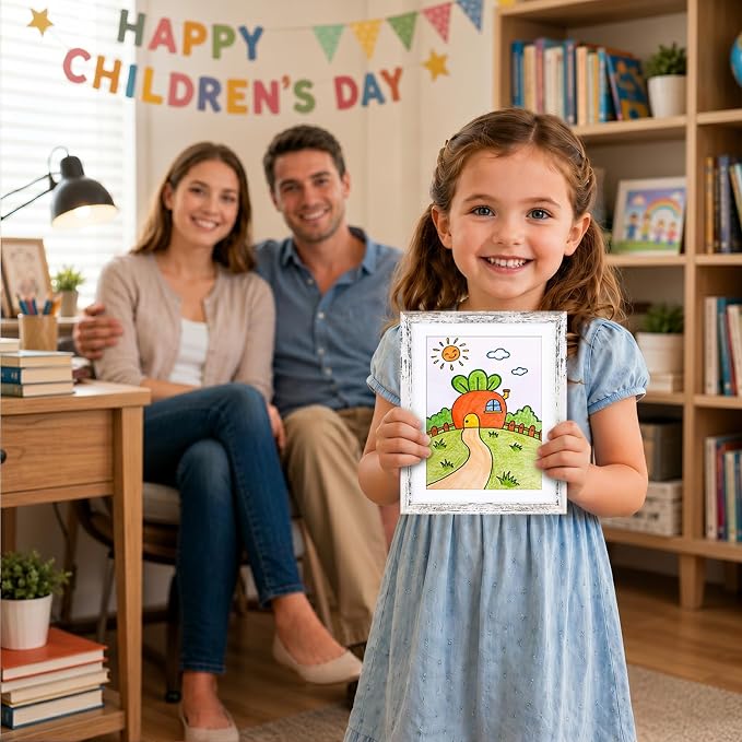KINLINK 10x12.5 Kids Art Frame 2 Pack, Solid Wood Artwork Frames Changeable, Front Opening Hold 150 Pictures, Art Frames for Kids Artwork, 8.5x11 with Mat 10x12.5 without Mat, Picture Frames Rustic White