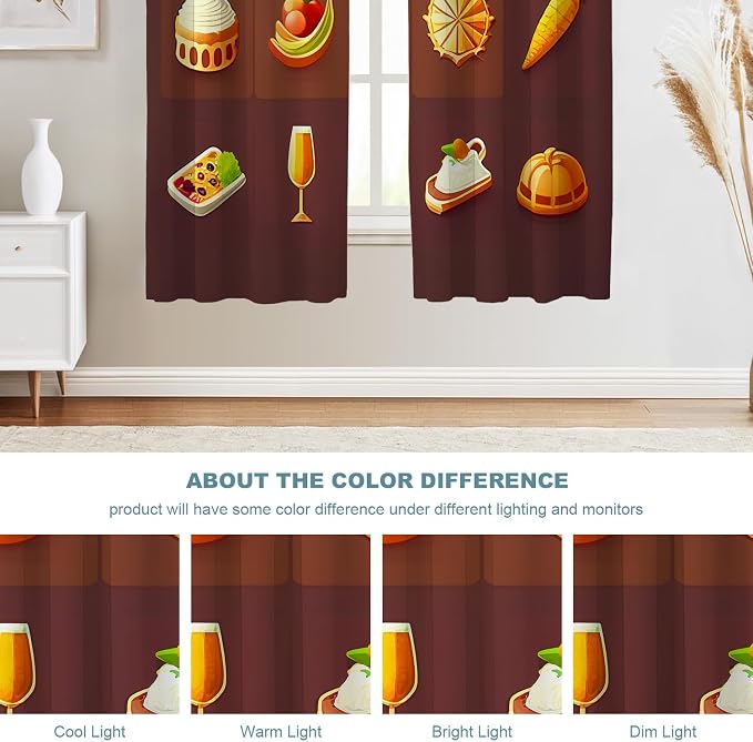 Shrahala Happy Thanksgiving Day Thermal Insulated Blackout Window Curtains, Pumpkin Turkey Bird Leaves Long Drapes for Bedroom/Living Room with Plastic Grommet, 52X63 Set of 2