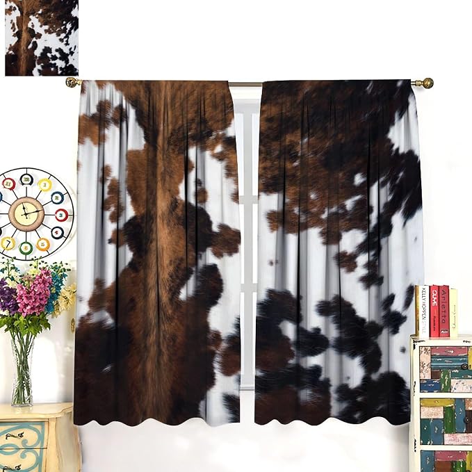 Cow Print Blackout Curtain,Brown White Cowhide Animal Fur Western Rustic Farmhouse Style Window Treatments Rod Pocket Curtain for Bedroom Living Room Kitchen Decor Drapes 42x54in