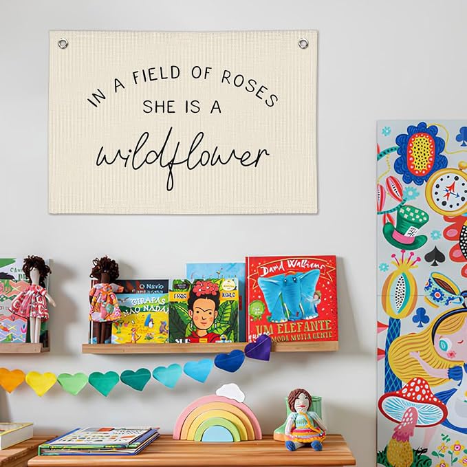 Wildflower Nursery Decor, Girls Room Decor - In a Field Full of Roses She Is a Wildflower Pink Linen Banner Flag for Little Girl Baby Girl - Black