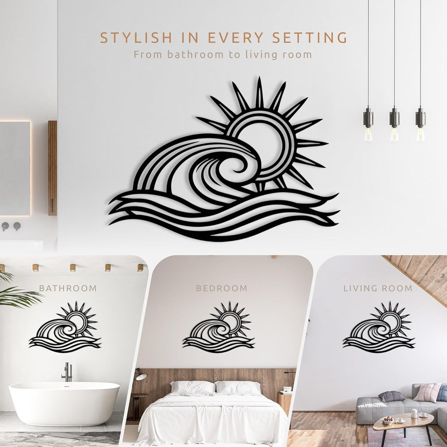 Wita Home Ocean Wave Metal Wall Art, Sun Beach Decor, Coastal Large Wall Sculpture for Home, Indoor/Outdoor Use, Nautical Wall Hanging, Eye-Catching Addition to Living Room (Black, 40 x 23 inches)