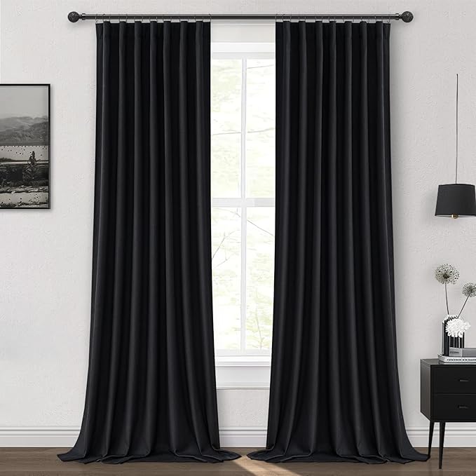QJmydeco Black 100% Blackout Curtains 84 Inches Long to Keep Heat Out, Black Linen Boho Drapes for Bedroom/Living Room Darkening Back Tab/Rod Pocket/Hook Thermal Insulated (2Panels Set Burg W50 xL84)