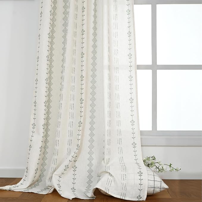63 Inch Length Curtains 2 Panels Set,Sheer Linen Boho Sage Green Cream White Spring Leaf Curtains for for Living Room Kitchen Window Treatments