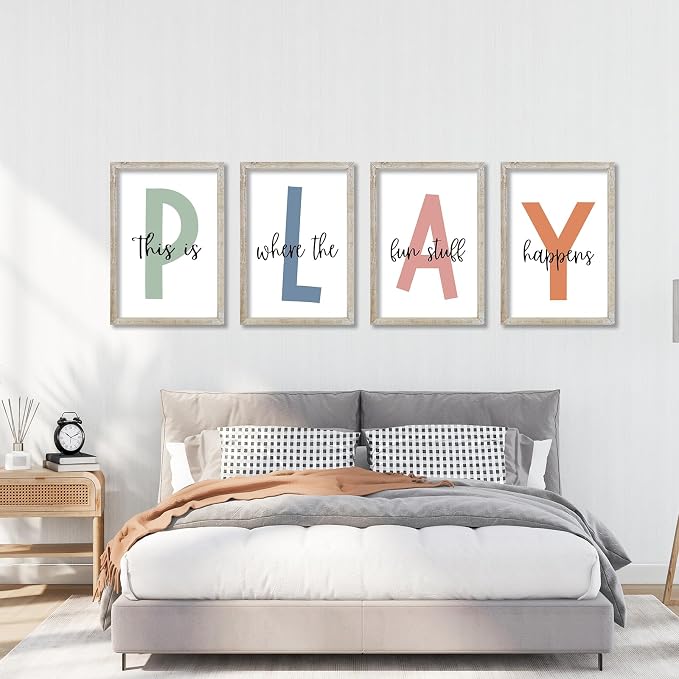 This Is Where The Fun Stuff Happens Kids Playroom Wall Art Decor 16x11 Inch Set Of 4 Rustic Kids Wood Framed Sign Toddler Modren Nursery Interesting Let's Play Prints Wall Hanging (White)