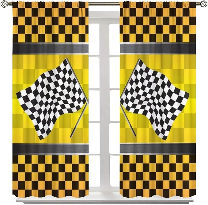 Race Car Blackout Curtain,Kid Boys Checkered Flag Motorsport Yellow Black Grid Print Window for Cafe Dining Room Office Living Room Kitchen Bedroom Drapes, 42x54 in