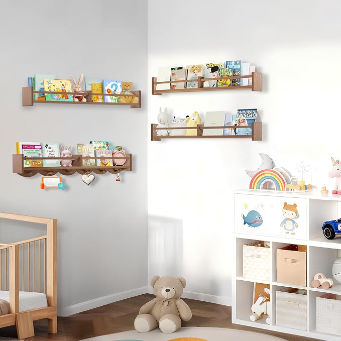 34Inch Nursery Book Shelves Wall Mounted, Floating Book Shelf for Kids Coat Rack with 6 Hooks, Wall Hanging Shelf for Baby Nursery Room Organizer ,Patent Number:US-D1058229-S(4, Light Brown)