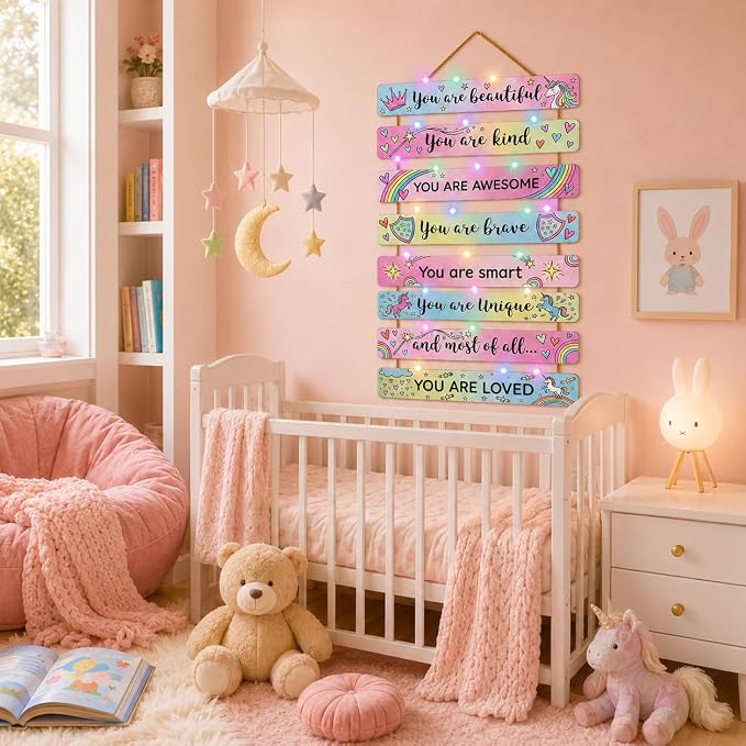 Cute Unicorn Room Decor Set of 8 with Led Light for Teen Girls Kids Toddler, Preppy Inspirational Rainbow Wood Nursery Wall Decor for Dorm Bedroom, Dreamy Cozy Chic Motivational Princess Room Decor