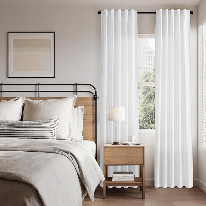 Linen White Curtains 120 Inches Long 2 Panels Set Back Tab Rod Pocket Semi Sheer Cotton Textured Light Filtering Extra Long Curtain Farmhouse High Ceiling Curtains for Living Room 9Ft 40x120