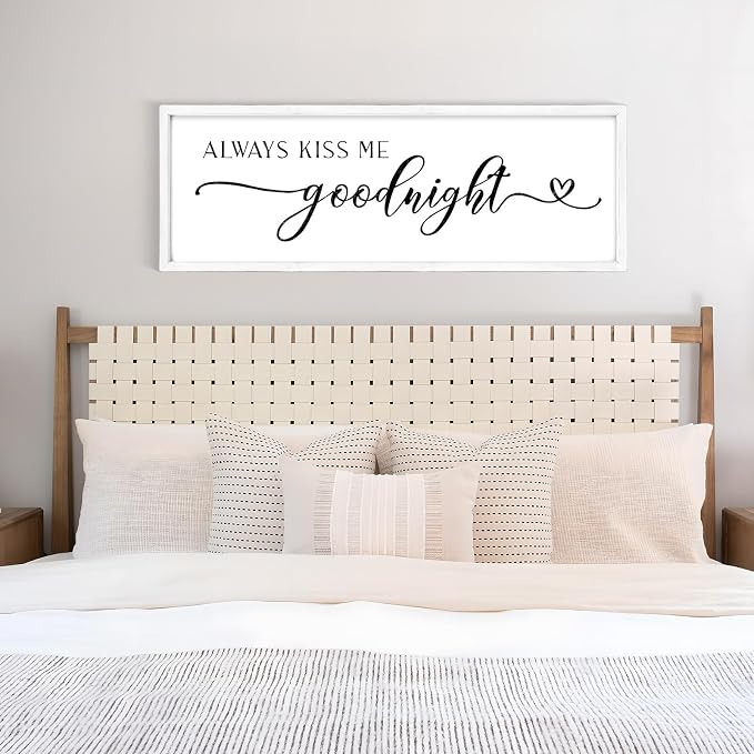 Always Kiss Me Goodnight Wall Sign 42''×15'' Large Above Bed Wall Decor Bedroom Sign Bedroom Decor with Solid Wood Framed, Couples Love Theme Wall Decor (White)
