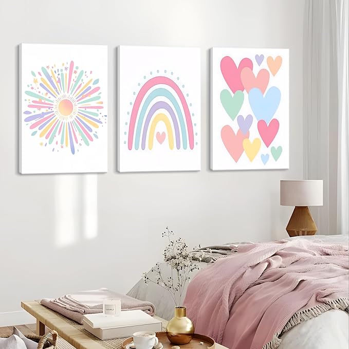 3 Piece Toddler Girl Room Decor Rainbow Decor for Girls Bedroom 16x24 Inch | Colorful Boho Sunshine Paintings for Nursery Decor, Kids Room Wall Decor, Classroom Decoration