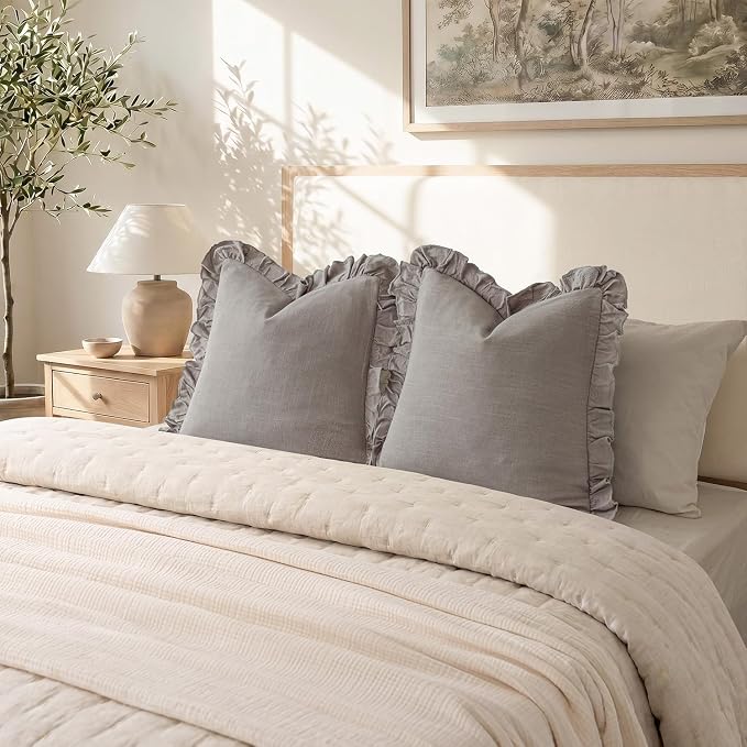 Foindtower Set of 2 Decorative Linen Fringe Ruffle Throw Pillow Covers Soft Boho Farmhouse Cushion Cover Cozy Accent Retro Pillowcase for Couch Sofa Bed Living Room Home Decor,20×20 Inch,Taupe Gray