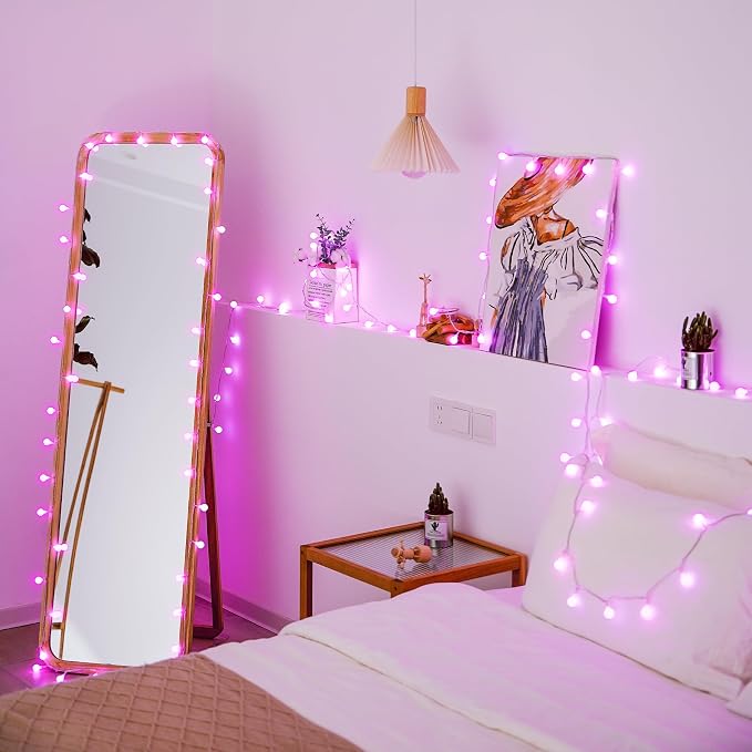 JMEXSUSS 33 ft 100 LED Globe Pink Christmas String Lights Indoor | 8 Mode Pink Lights Plug in, Fairy Pink String Lights with Remote for Bedroom Girl Room Anniversary Party Valentines Day