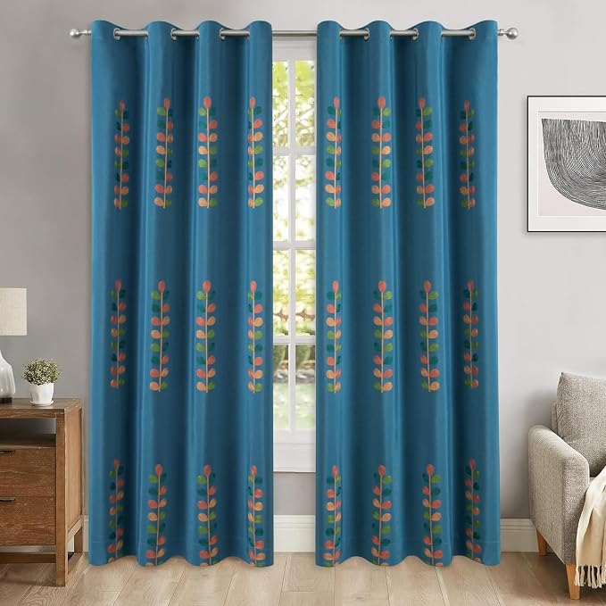 VOGOL Country Style Faux Linen Curtains, Colorful Leaf Pattern Window Treatments for Bedroom, Not See Through Drapes Home Decor for Living Room, 59 x 79, 2 Packs, Dark Blue
