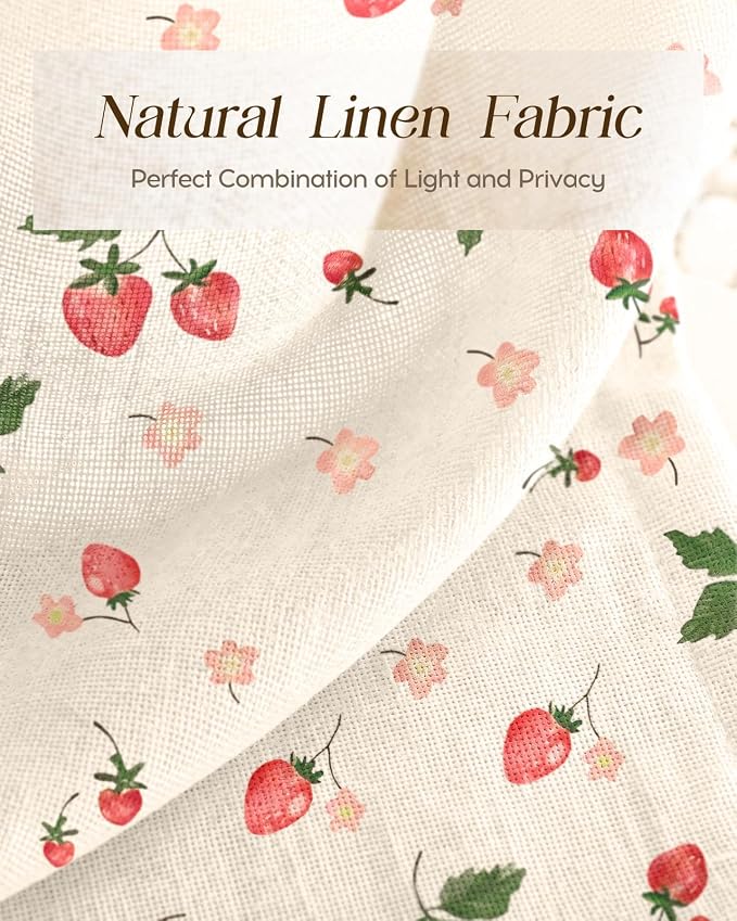 Miss Adola Farmhouse Kitchen Tier Curtains - 36 Inch Length Linen Blend Country Cafe Curtains Strawberry Small Window Treatments Over Sink Rod Pocket for Bathroom Living Room Light Filtering, 2 Panels