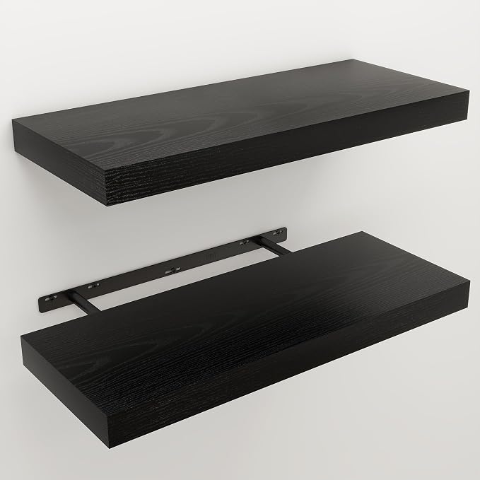 Floating Shelves for Wall, 9.3" Deep Wall Mounted Wood Shelves for Bathroom, Bedroom, Living Room, Kitchen, Hanging Shelf for Books/Storage/Room Decor (Black, 24")