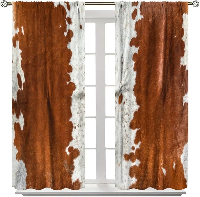 Cowhide Blackout Curtains, Retro Farmhouse Animal Spotted Brown White Cow Texture Print Rod Pocket Curtain Window Treatments 2 Panels Drapes for Bedroom Nursery Office Living Room Decor 72"W X 63"L