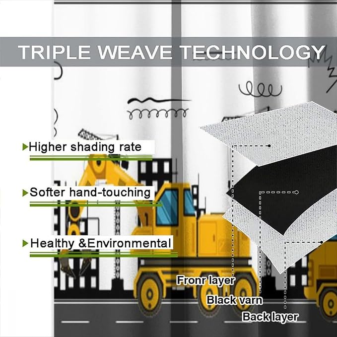 Construction Truck Blackout Curtain,for Kids Boys Girls Room Cartoon Tractor Excavator Yellow Cars Curtains Living Room Kitchen Cafe Bedroom Office Nursery Drapes,42x54 in