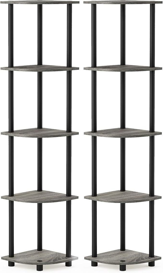 Furinno TURN-N-TUBE Corner Shelf Set of 2, 5-Tier Corner Bookshelf, Open Storage Shelves, for Organization and Storage, Living Room, Home Office, Garage, French Oak