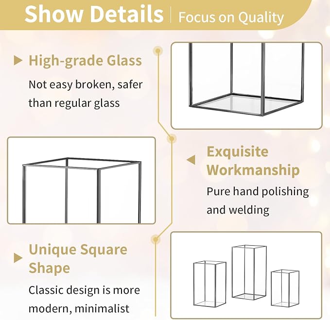 Nuptio Glass Candle Holders Hurricane Holder for Pillar Candles 6 Pcs Black Metal Candle Holders Large Rectangular Candleholder Vase Centerpieces Decoration for Wedding Fireplace 9.5 & 8.1 & 6.5 inch | Black Metal Candle Holders Large Rectangular Candl...