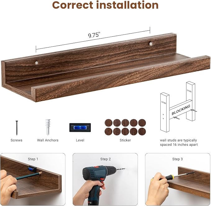 Heimlove Floating Shelves Set of 6, 16" Wall Mounted Picture Ledge, Display Shelf Organizer for Decor Storage, Wall Mounted Shelves for Living Room, Bedroom, Bathroom, Kitchen (Walnut)
