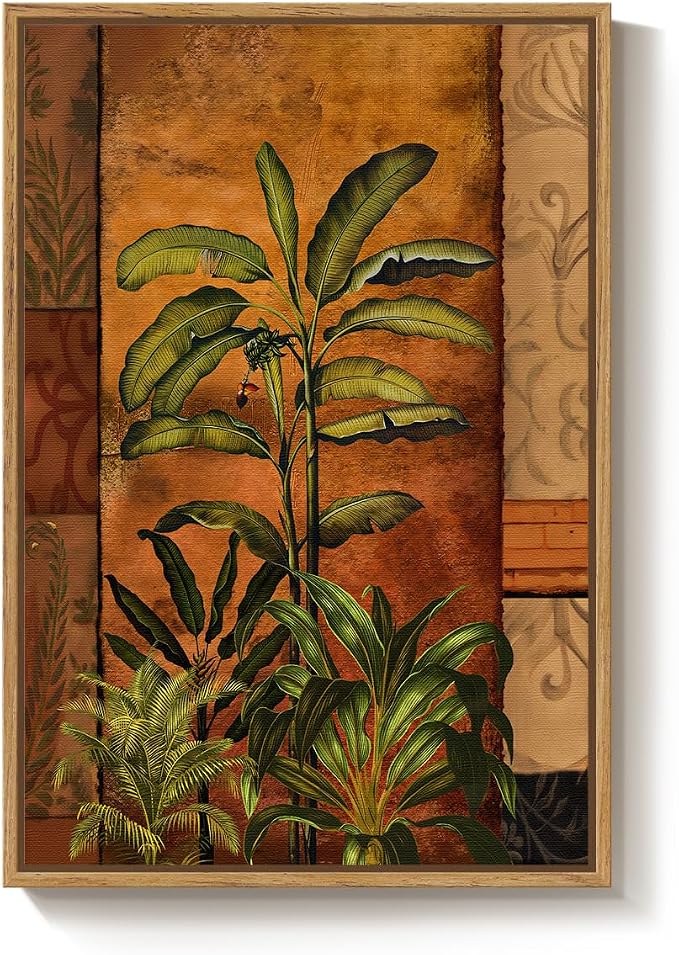 Framed Boho Tropical Botanical Wall Art for Living Room, Brown Green Plant Leaf Paintings Prints Canvas Artwork for Walls, Vertical Mid Century Modern Wall Decor for Bedroom Kitchen Home, 24x36 Inch