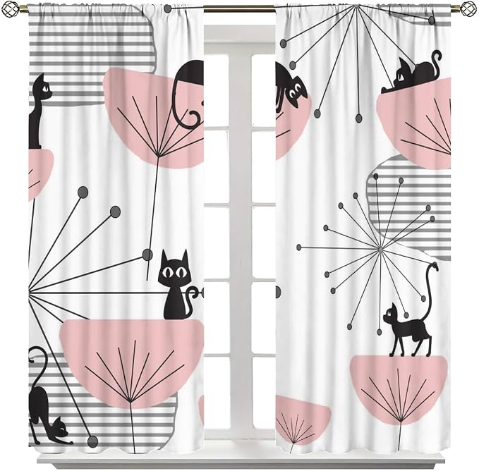 JESTRONRY Mid Century Cat Curtains, Pink Atomic Abstract Geometric 1950s 1960s Retro Style Rod Sleeves Window Drapes for Bedroom Living Room Home Decor 55x63in
