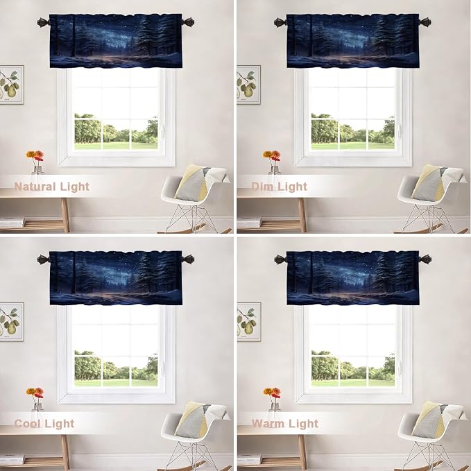 Shrahala Winter New Year Blackout Short Curtains for Windows, Stars Forests Snow Night Kitchen Valance Thermal Insulated Rod Pocket Window Treatment for Bathroom 2 Pack 52 X 16 in