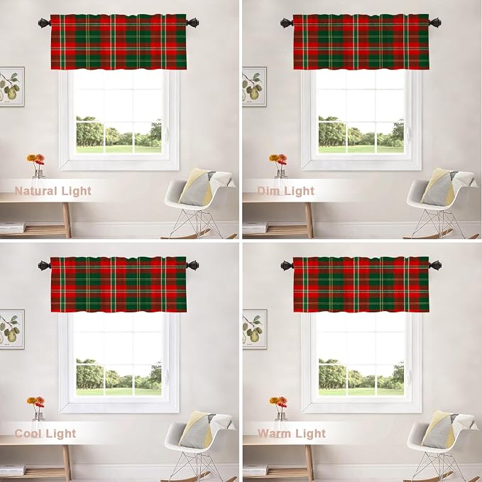 Shrahala Red Green Checkered Blackout Short Curtains for Windows,Red Green Black Yellow Check Plaid Kitchen Curtains Sets for Windows Thermal Insulated Bathroom Window Curtain 2 Pack 52 X 16 in